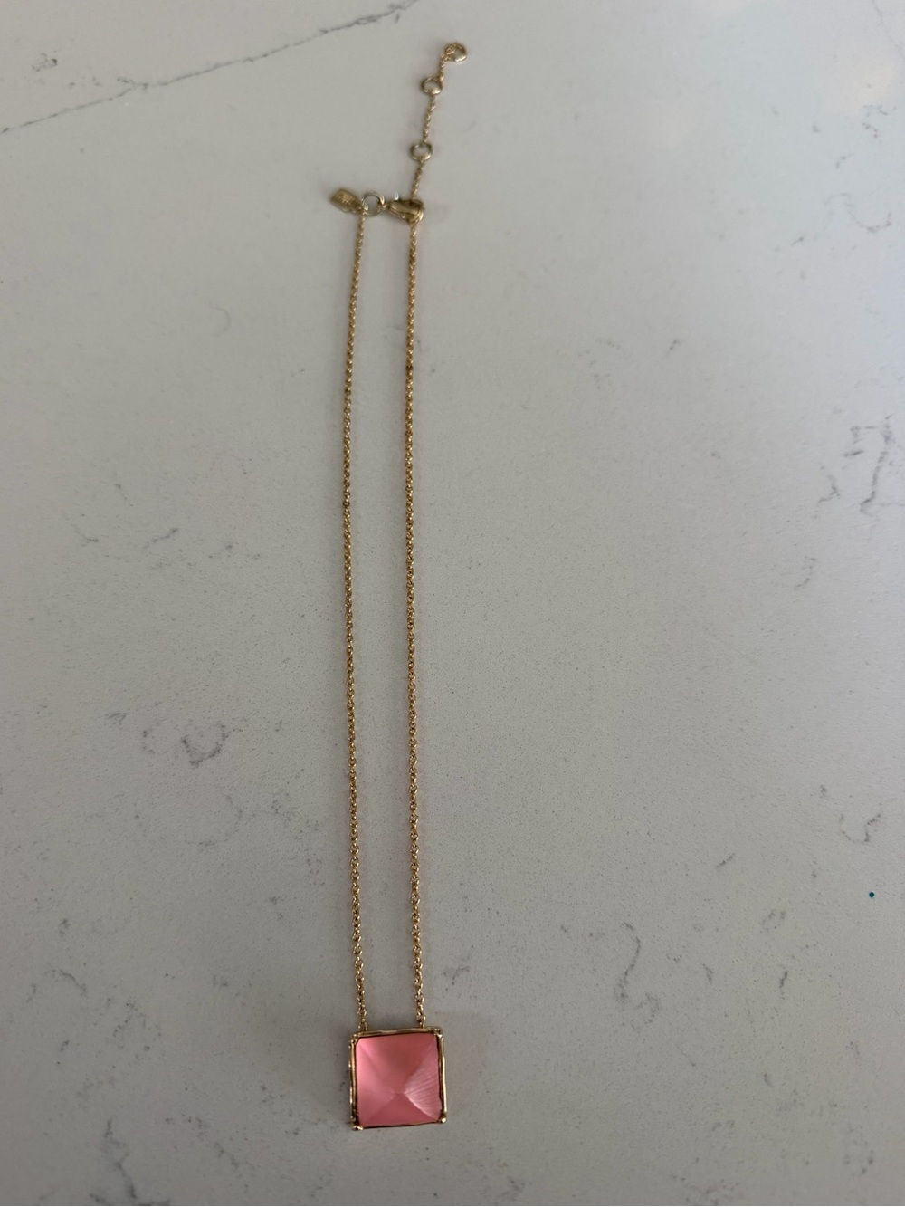 Alexis Bittar Gold tone Necklace Pink Lucite pyramid Pendant, adjustable length